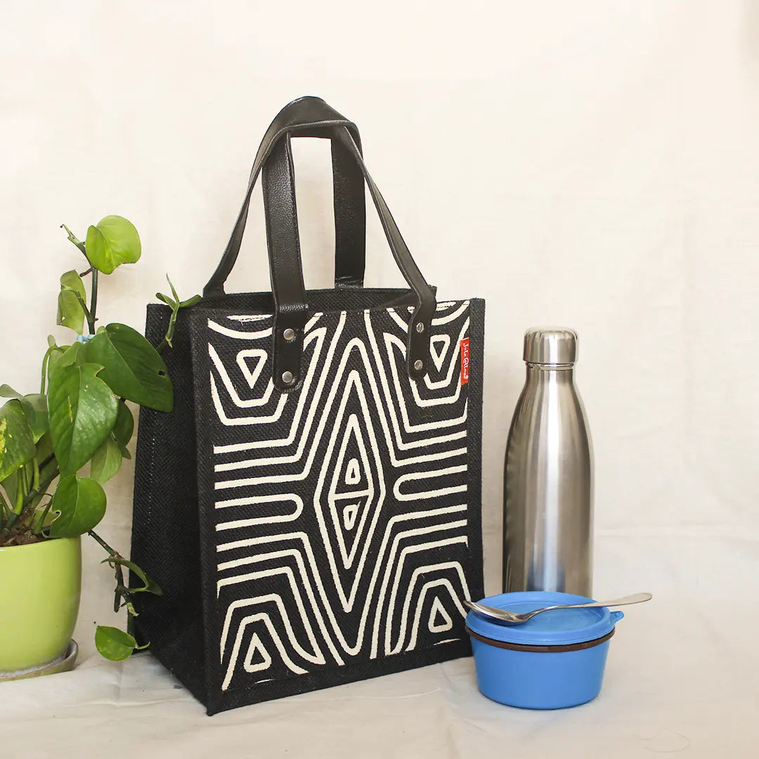 Geometric Lines Jute Lunch bag