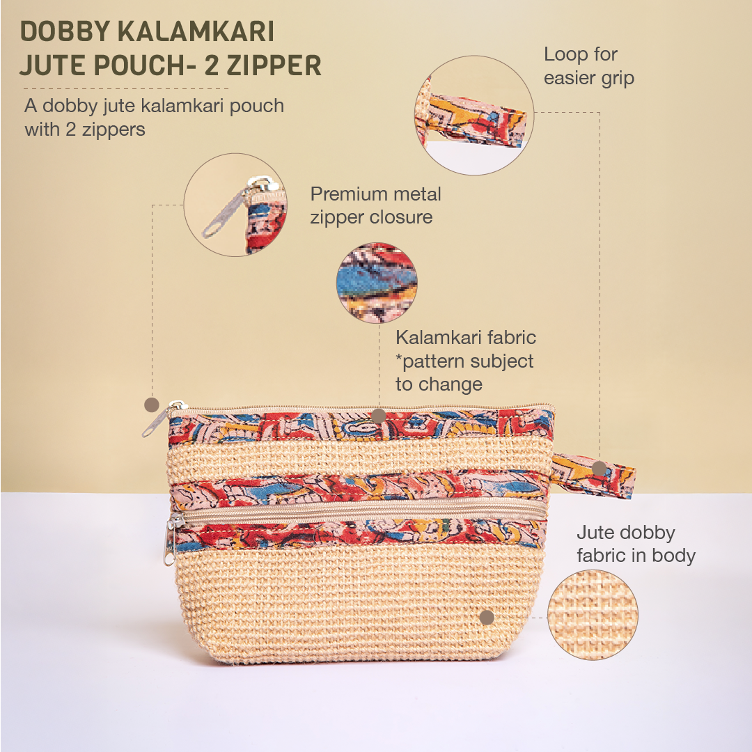 Combo of Jute Dobby Kalamkari 2 Zip Pouches (Blue and Natural)
