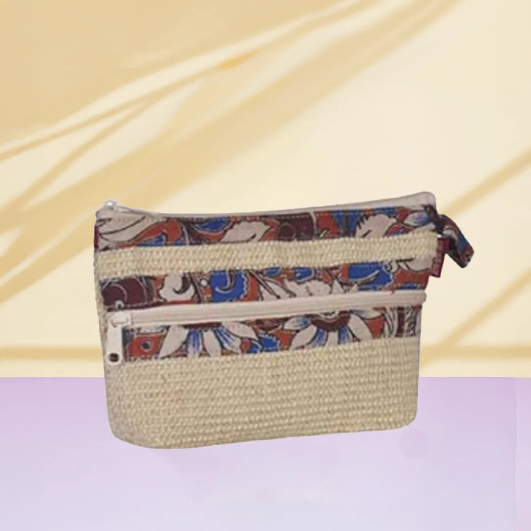 Combo of Jute Dobby Kalamkari 2 Zip Pouches (Blue and Natural)