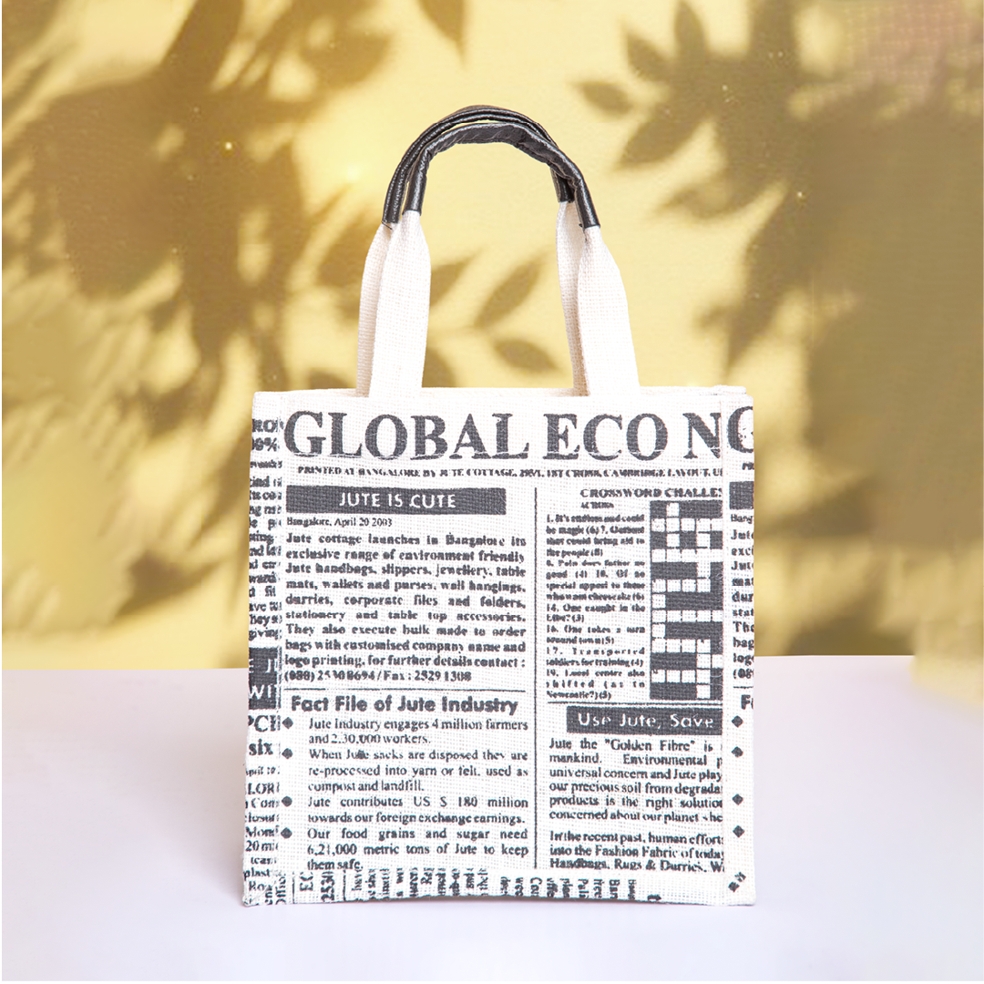 Global Newspaper Print Jute Lunch Bag Small
