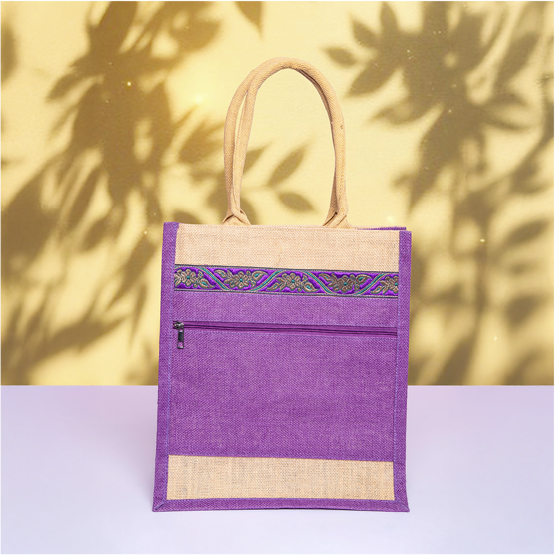 Front Pocket Lace Jute Lunch Bag