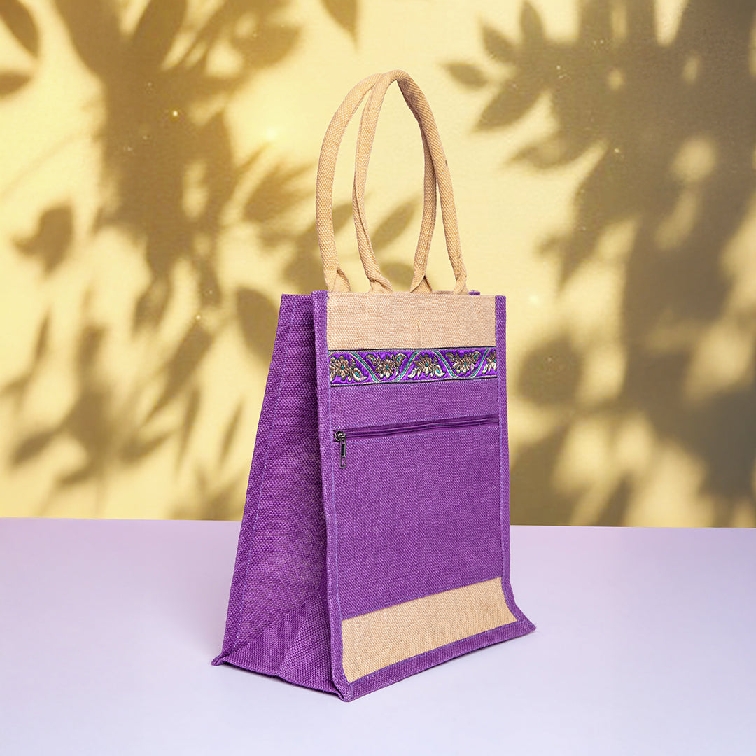 Front Pocket Lace Jute Lunch Bag