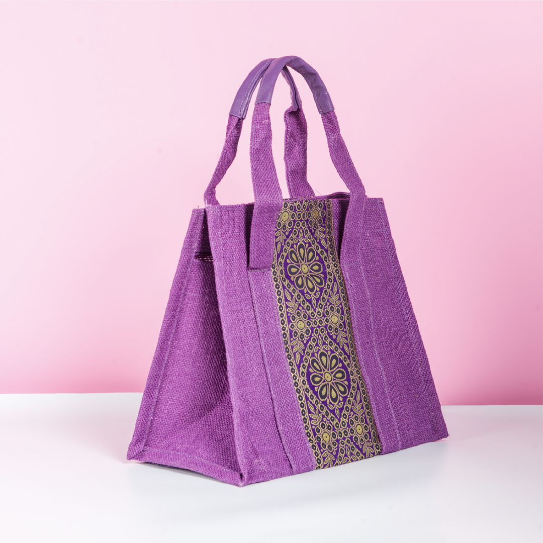 Vertical Lace Jute Lunch Bag with Zipper