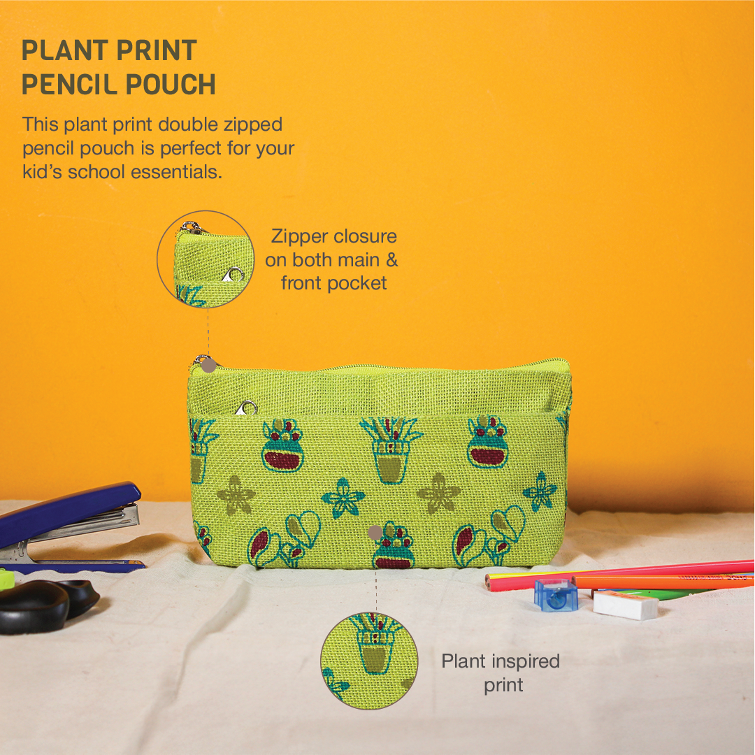 Plant print jute pencil pouch