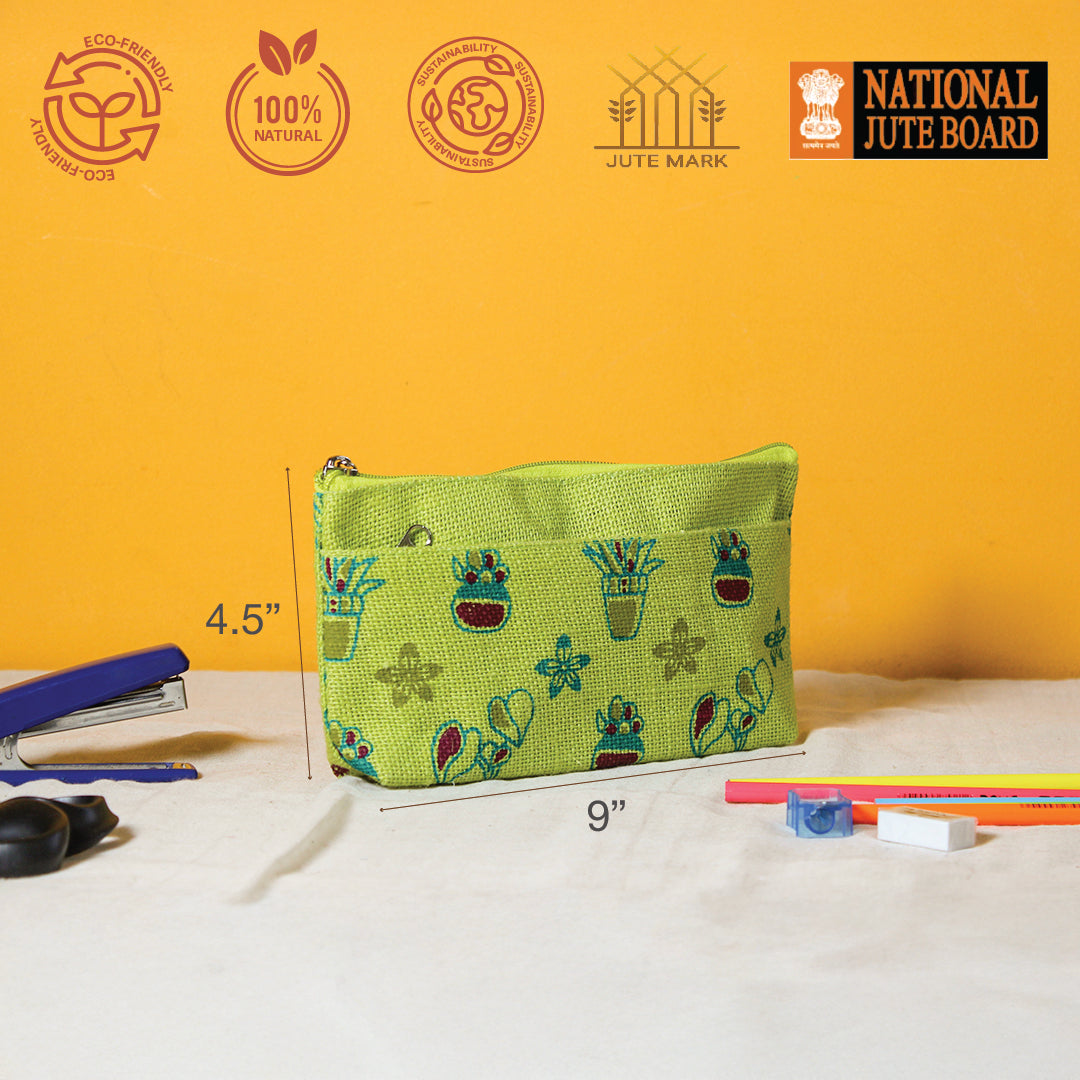 Plant print jute pencil pouch