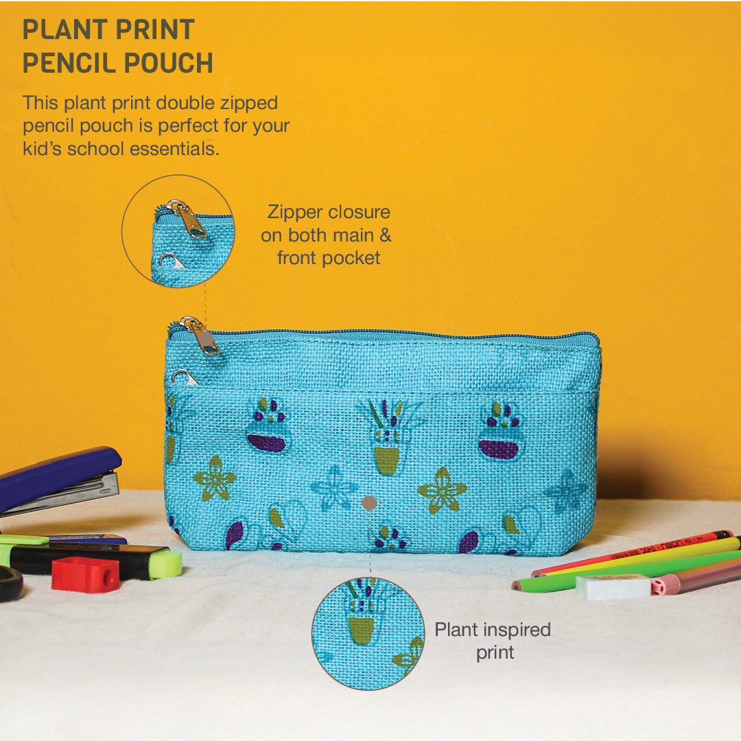 Plant print jute pencil pouch