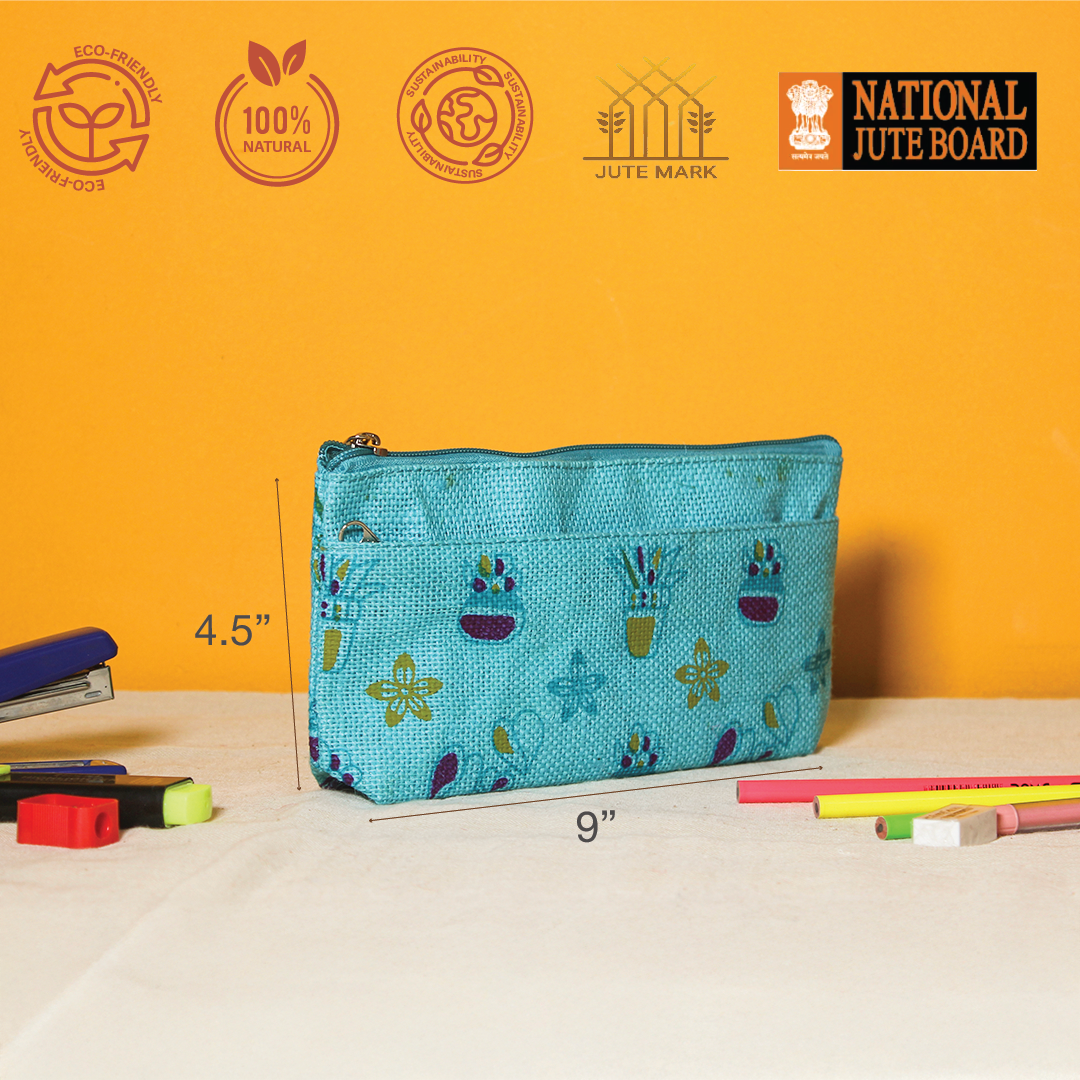 Plant print jute pencil pouch