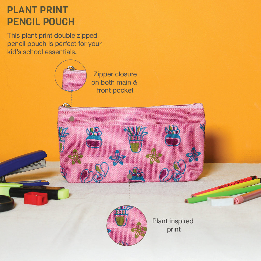 Plant print jute pencil pouch