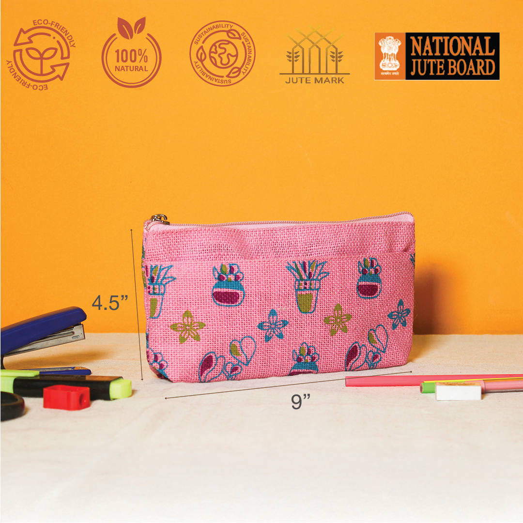 Plant print jute pencil pouch