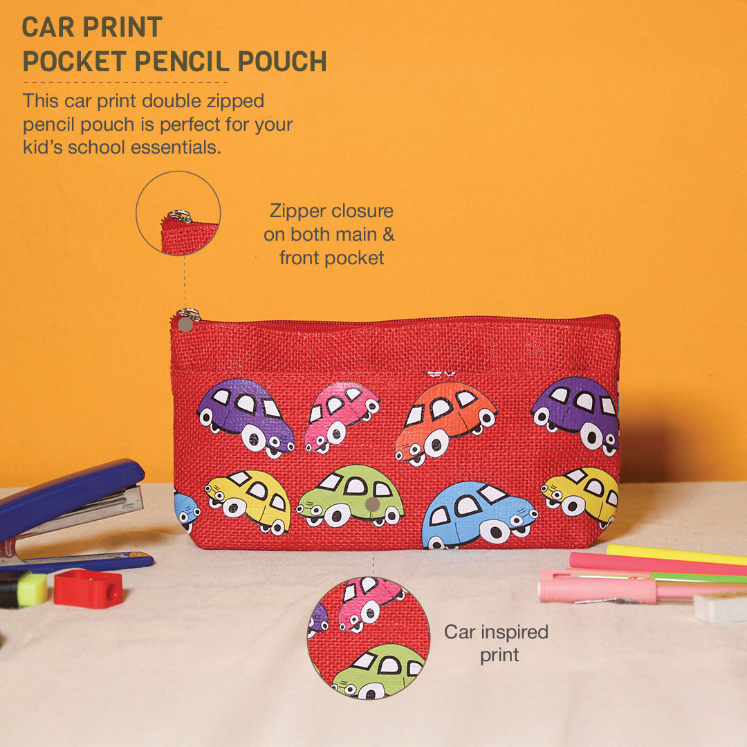 Car print double zip jute pouch