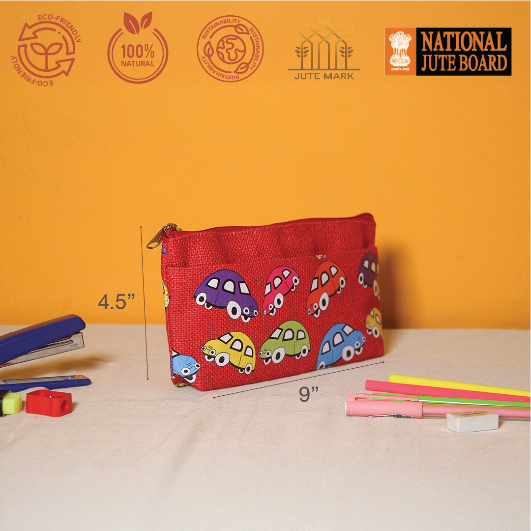 Car print double zip jute pouch