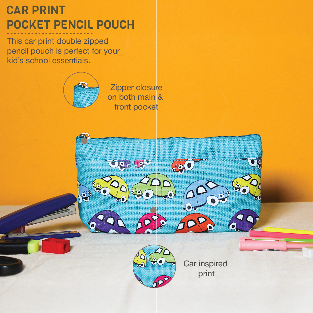 Car print double zip jute pouch