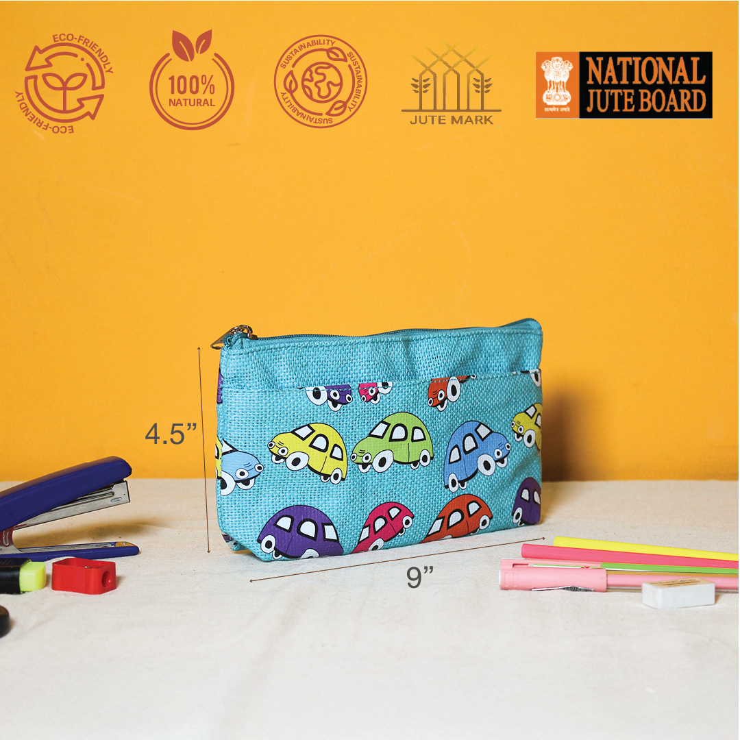 Car print double zip jute pouch