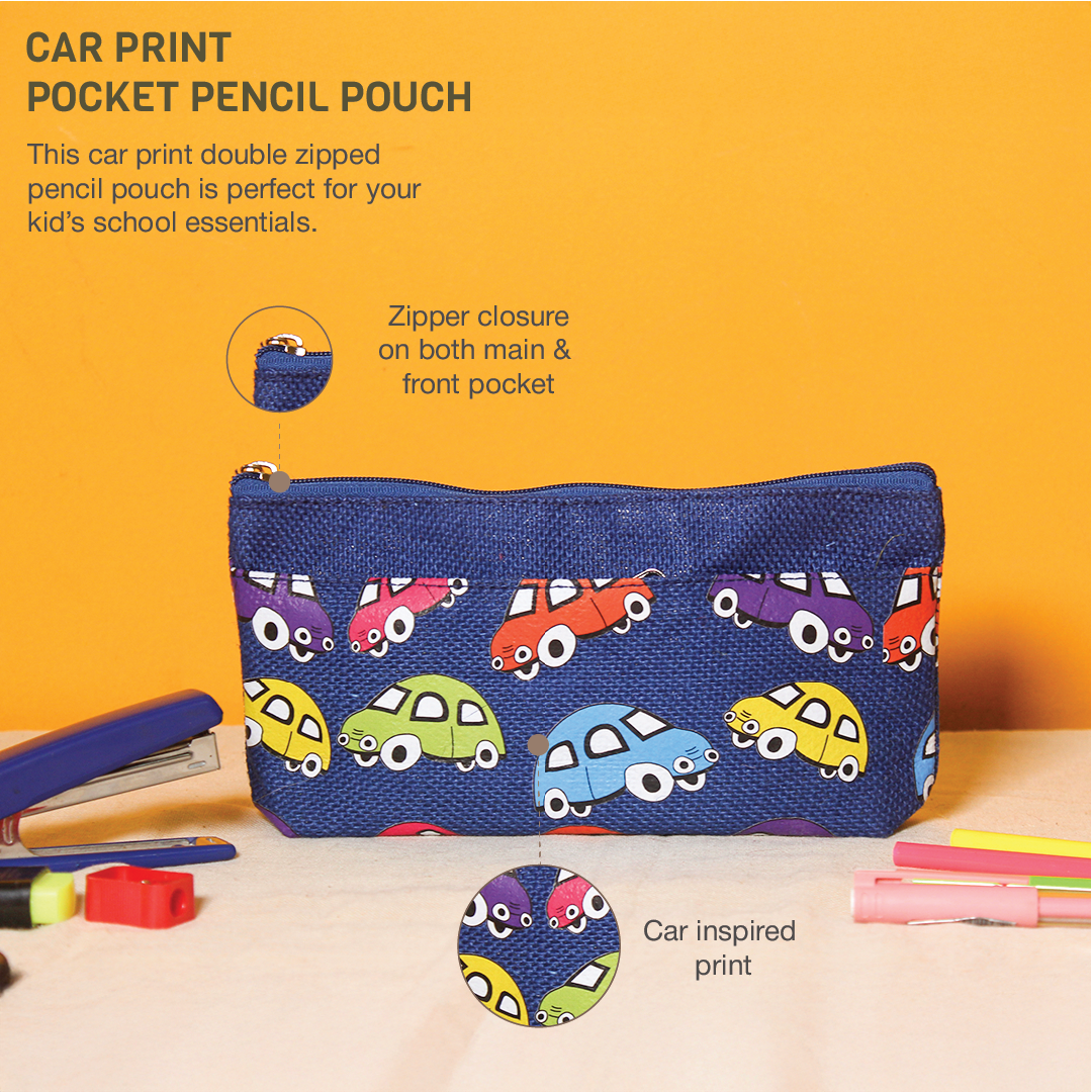 Car print double zip jute pouch