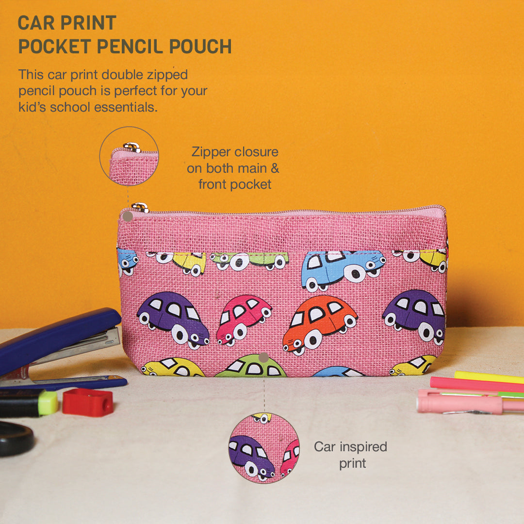 Car print double zip jute pouch
