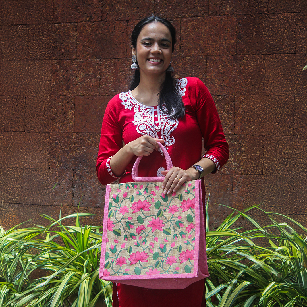 Pichwai Lotus Jute Shopping Bag