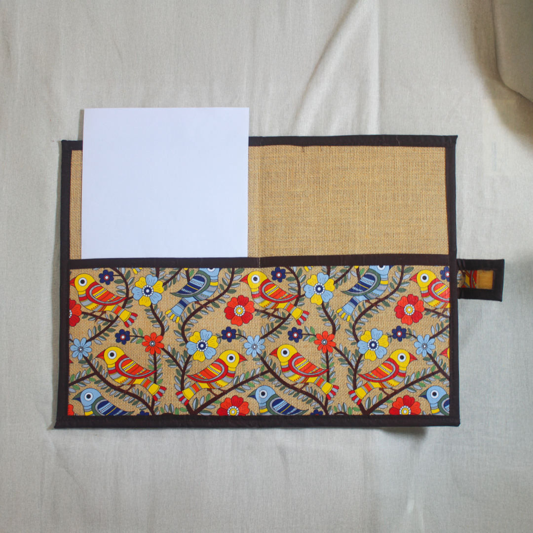 Madhubani Bird pocket Jute folder