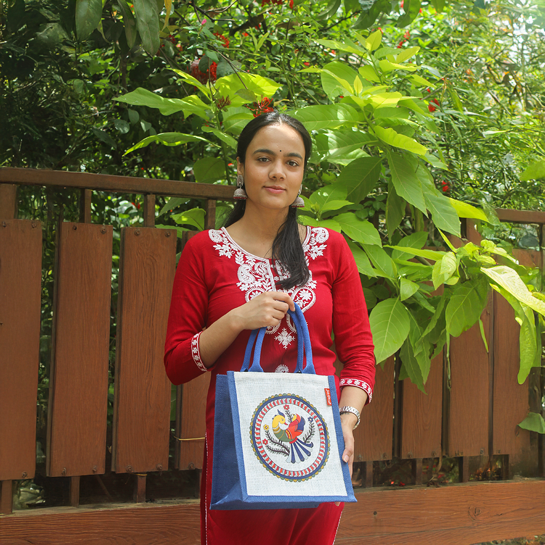 Madhubani Peacock Jute lunch bag