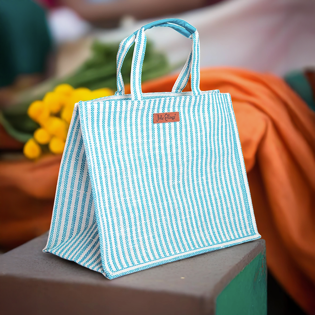 Striped Jute Shopping Bag with Zipper Medium
