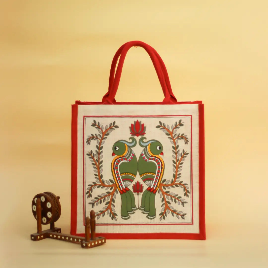 Madhubani Parrot Jute Shopping bag