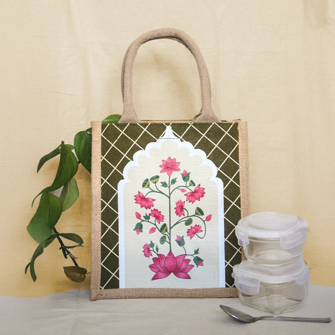 Pichwai Lotus Jharokha Jute Lunch bag