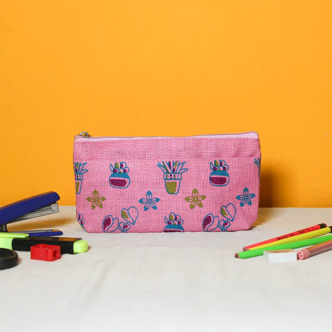 Plant print jute pencil pouch