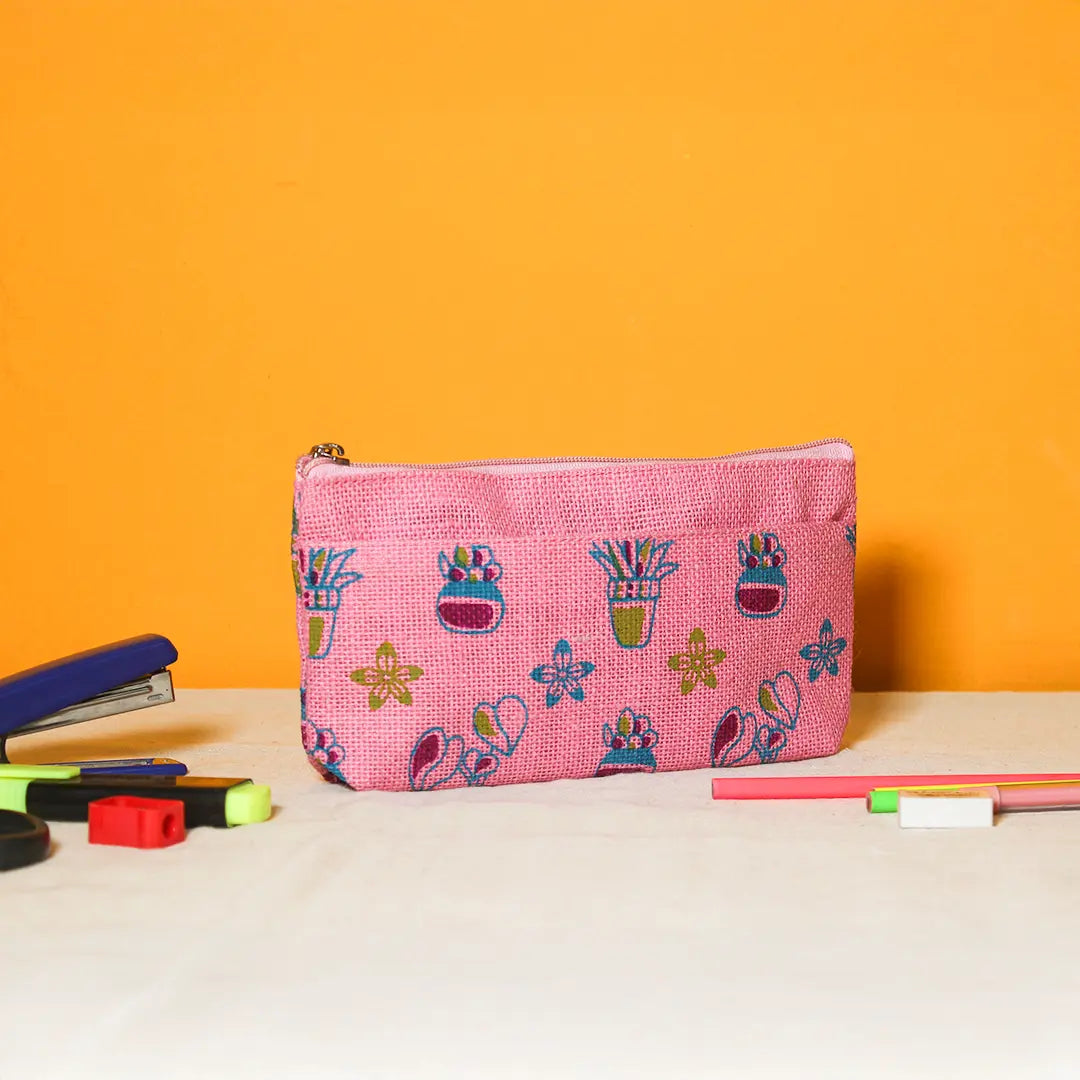 Plant print jute pencil pouch