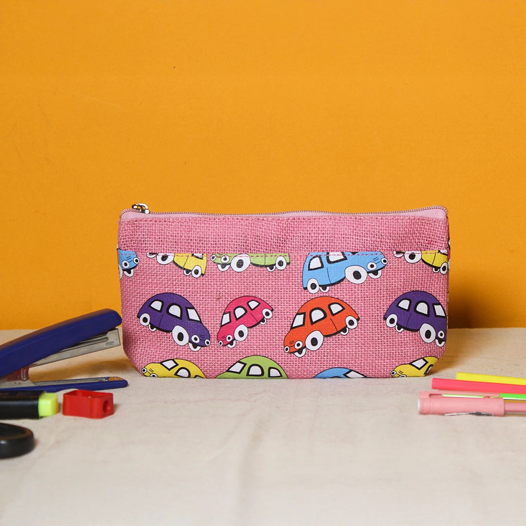 Car print double zip jute pouch