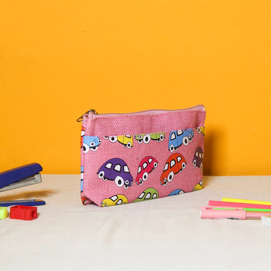 Car print double zip jute pouch