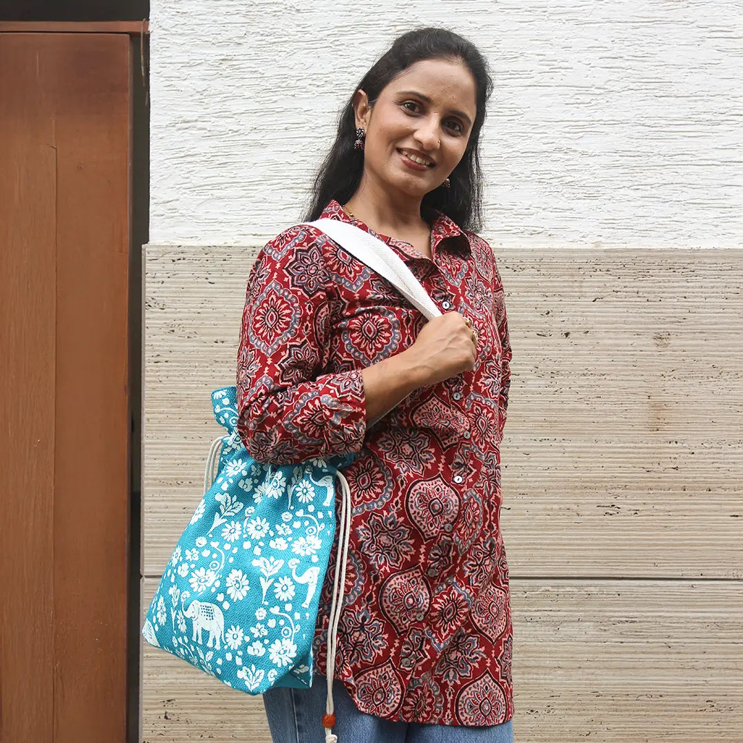 Elephant Print Jute Potli style bag