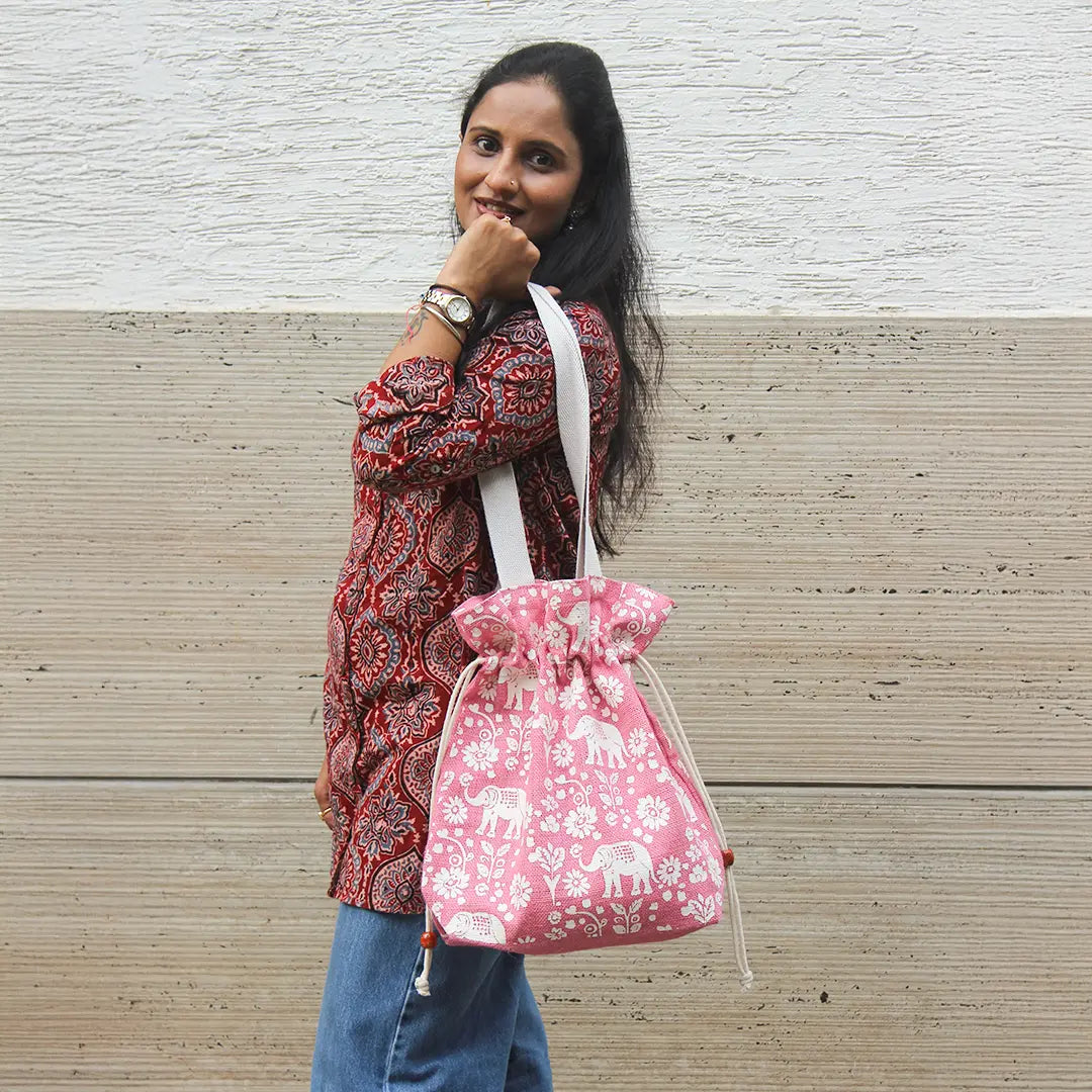Elephant Print Jute Potli style bag