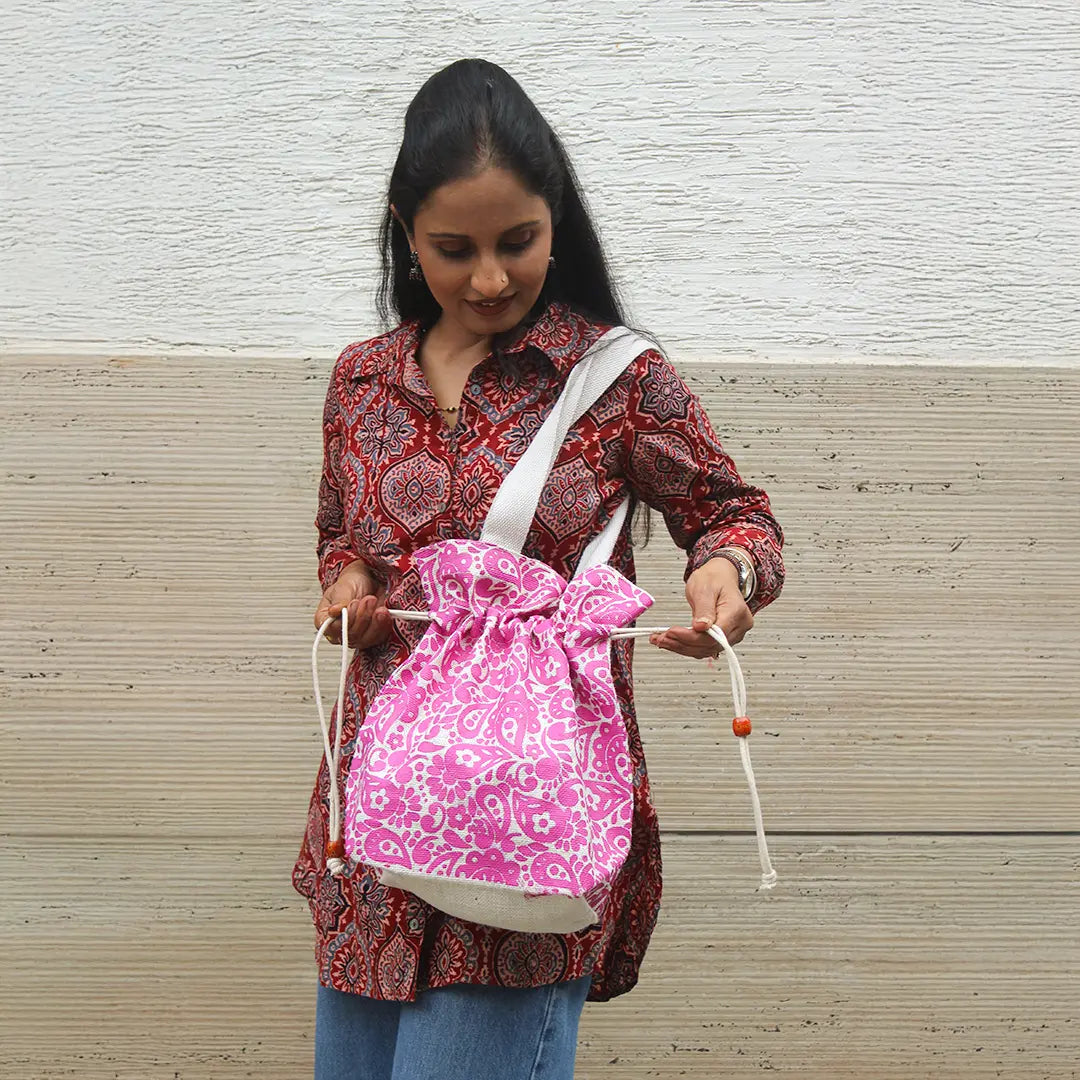 Paisley print Jute Potli style bag