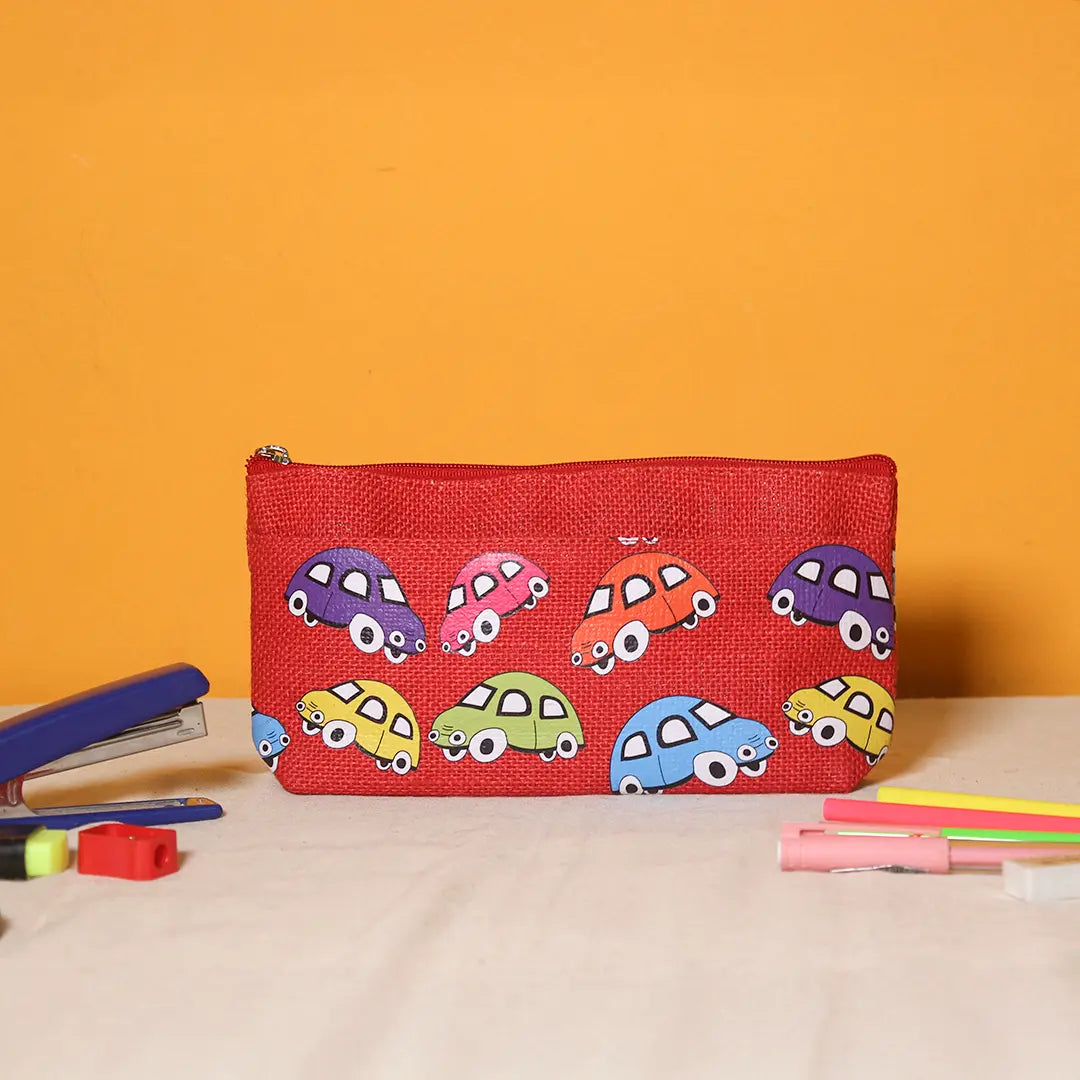 Car print double zip jute pouch