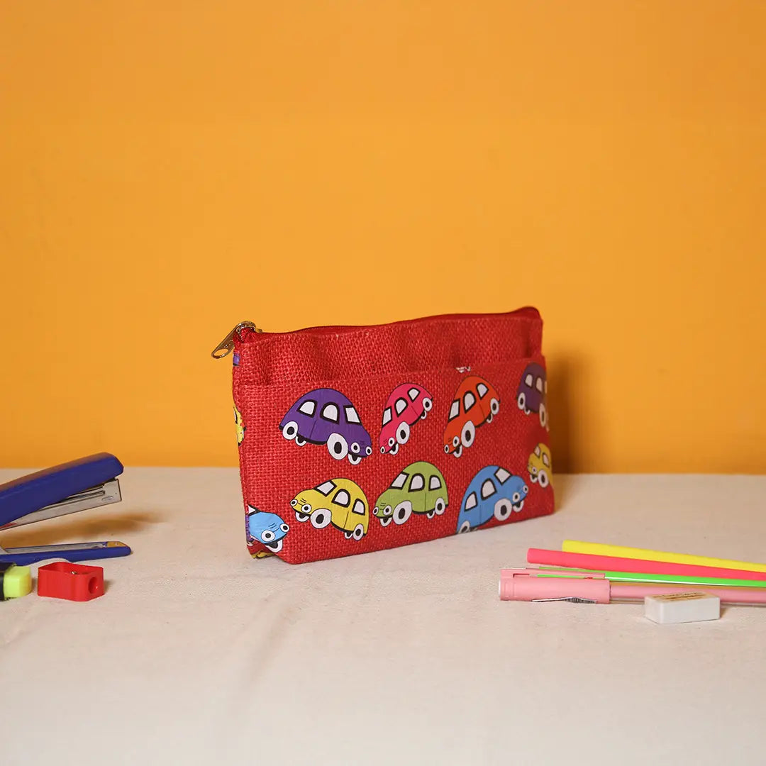 Car print double zip jute pouch
