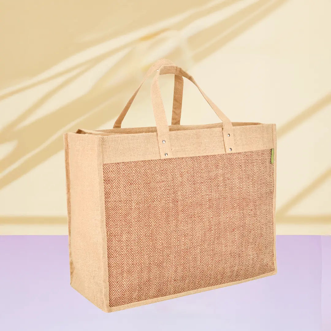 Herringbone Jute Zipper Shopping bag with Bottom board