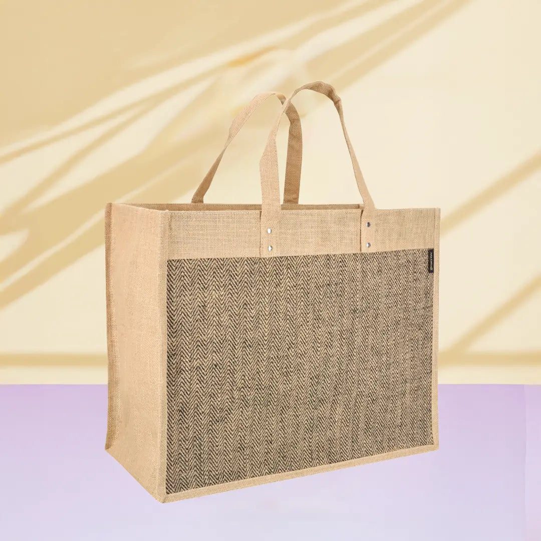 Herringbone Jute Zipper Shopping bag with Bottom board