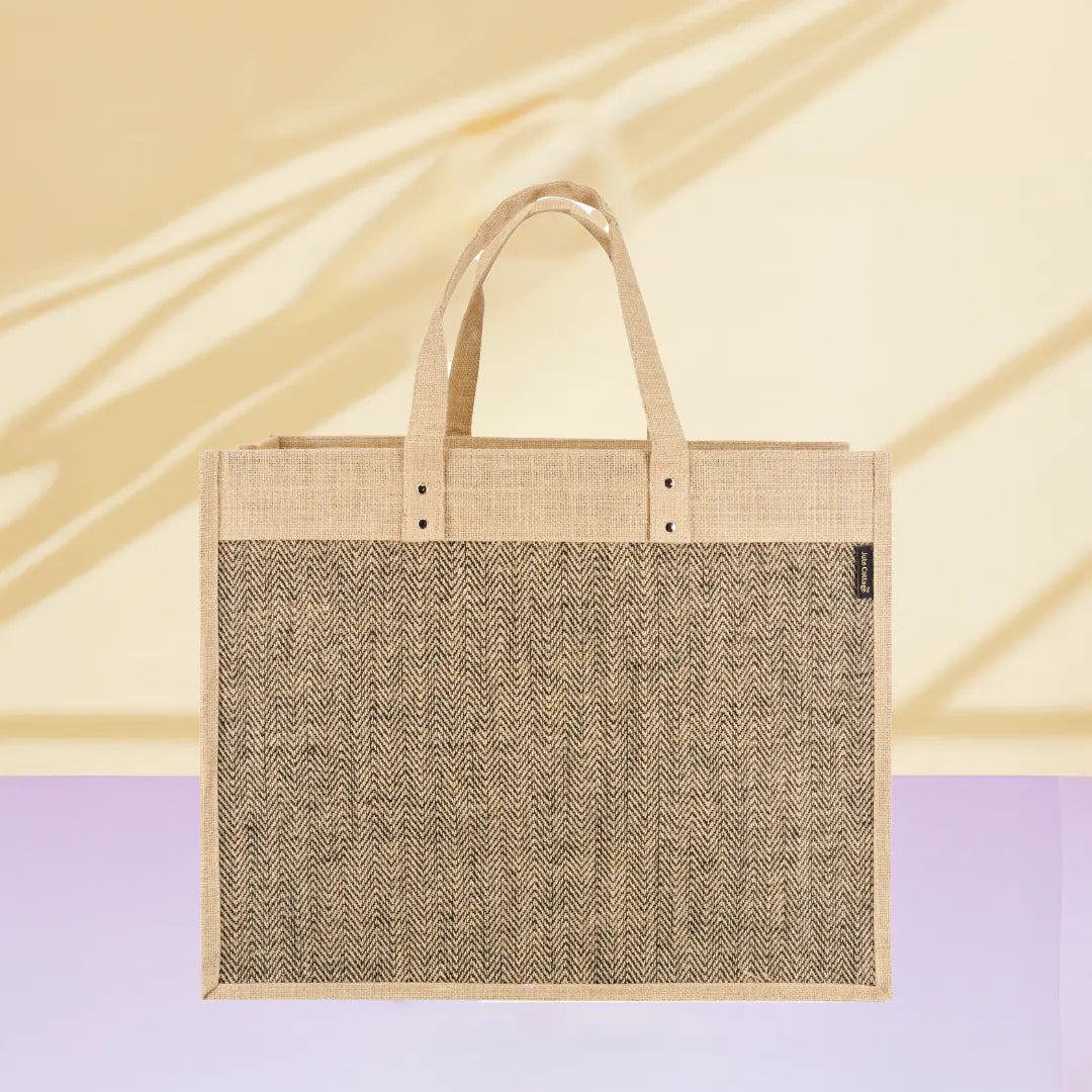 Herringbone Jute Zipper Shopping bag with Bottom board