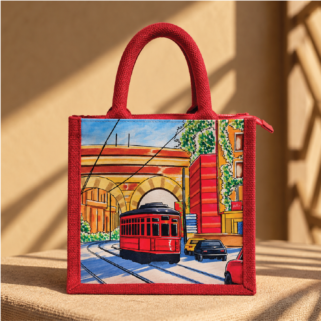 City Tram Jute Lunch Bag