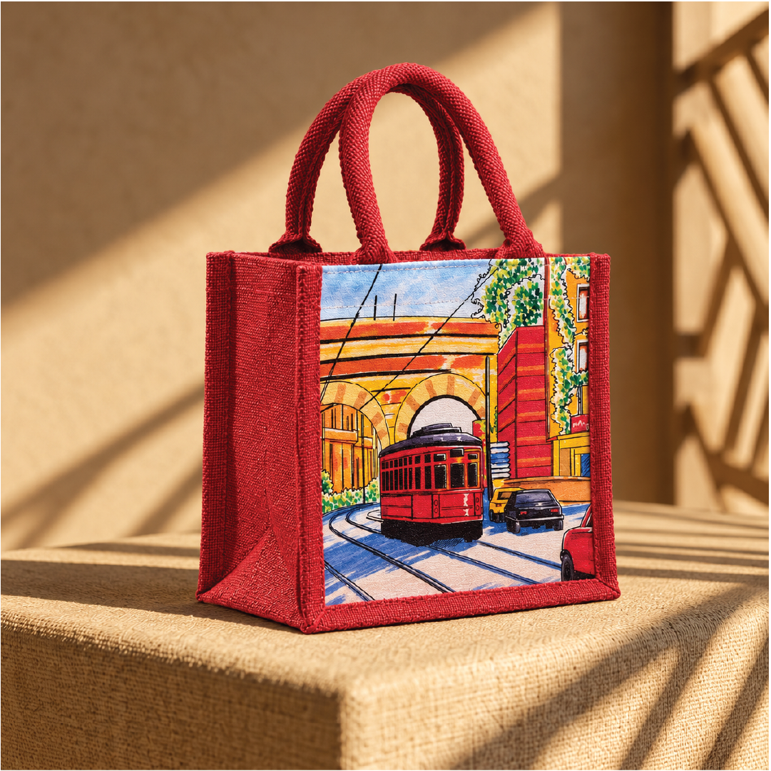 City Tram Jute Lunch Bag