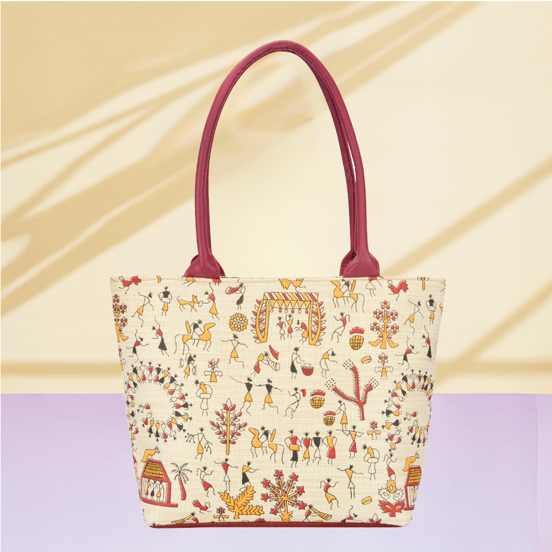Warli Handbag with maroon handles