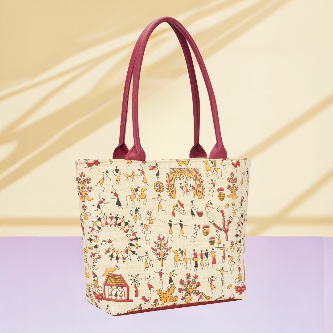 Warli Handbag with maroon handles