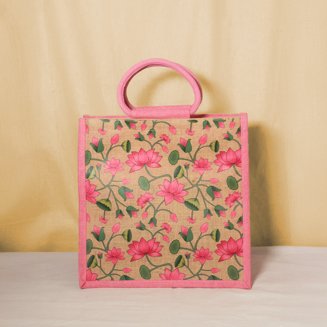 Pichwai Lotus Jute Shopping Bag