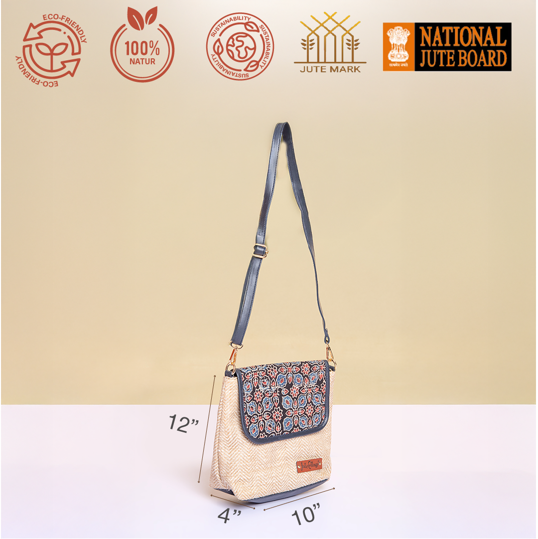 Herringbone Ajrakh Sling Bag-Blue