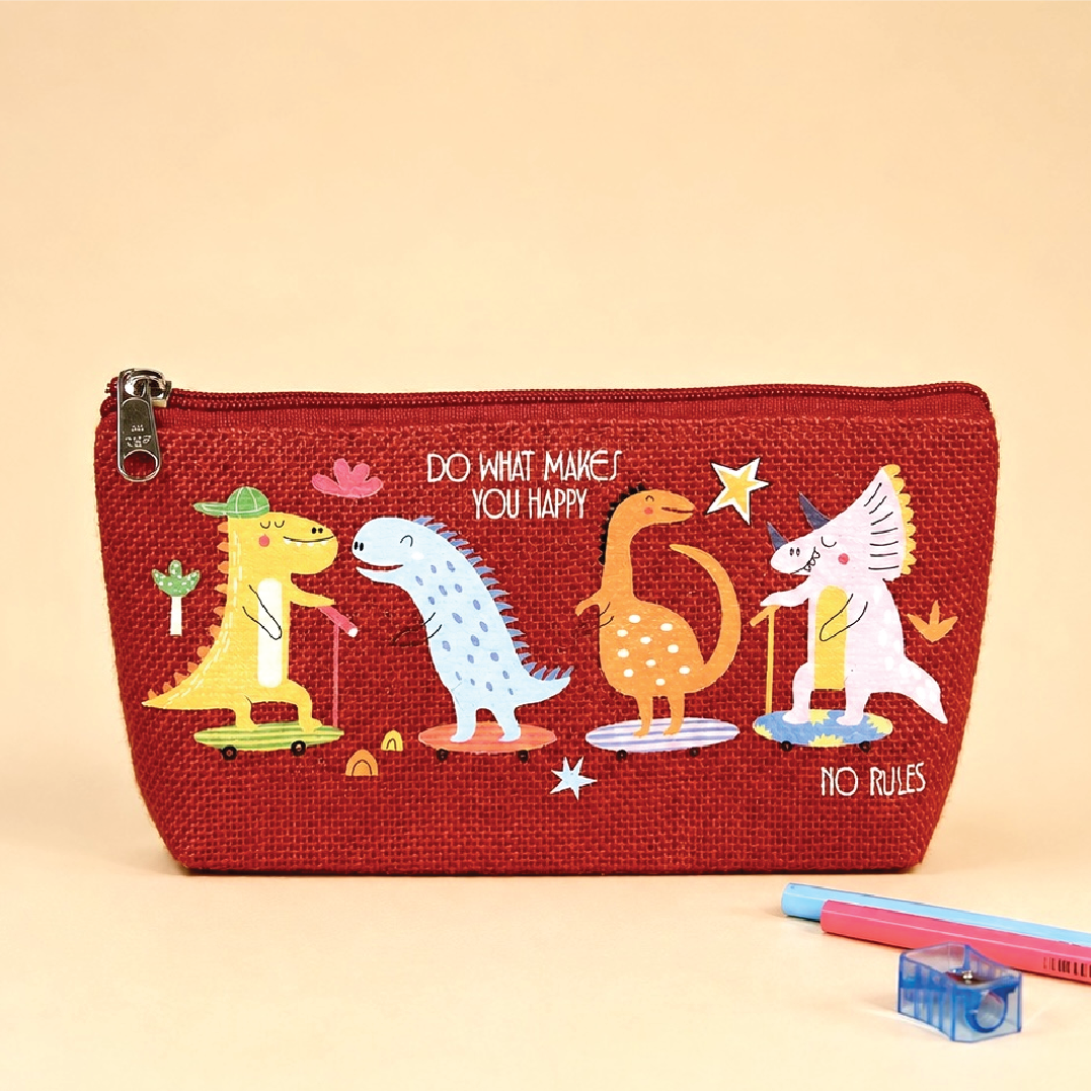 Dinosaur Print Single Zip Jute Pouch