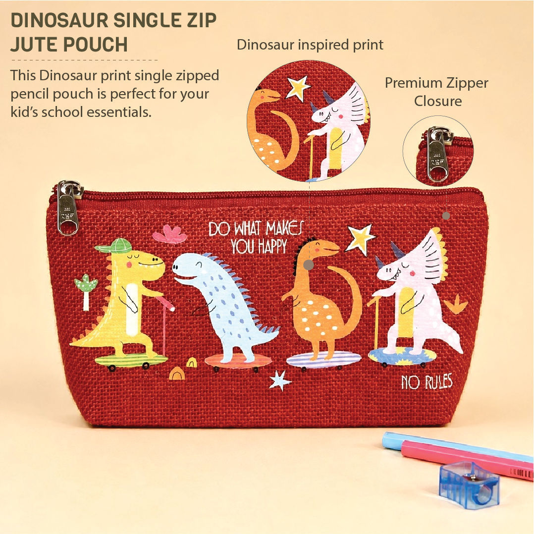 Dinosaur Print Single Zip Jute Pouch