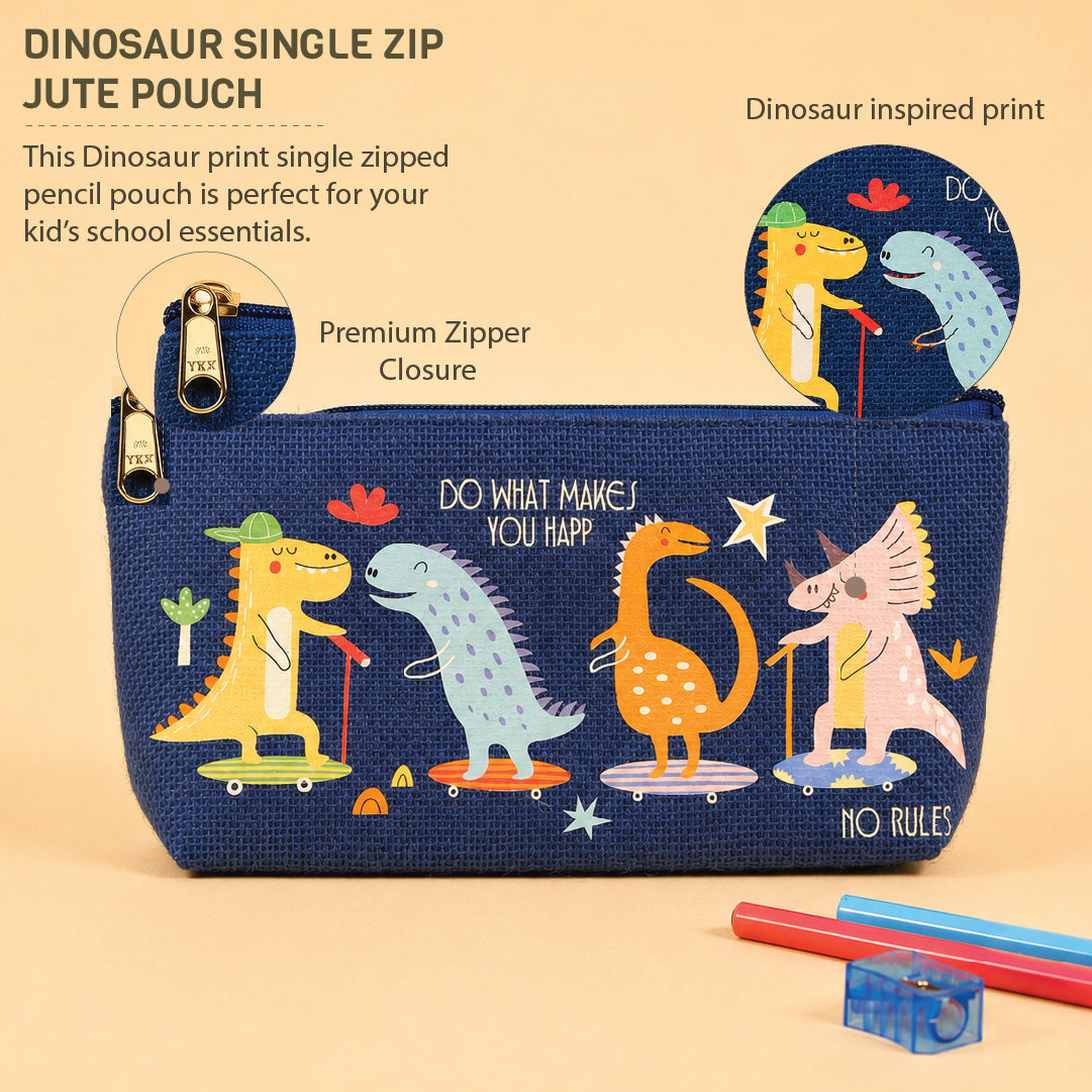 Dinosaur Print Single Zip Jute Pouch