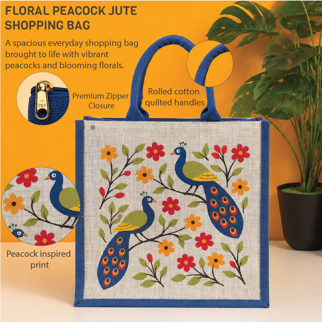 Floral Peacock Jute Shopping Bag