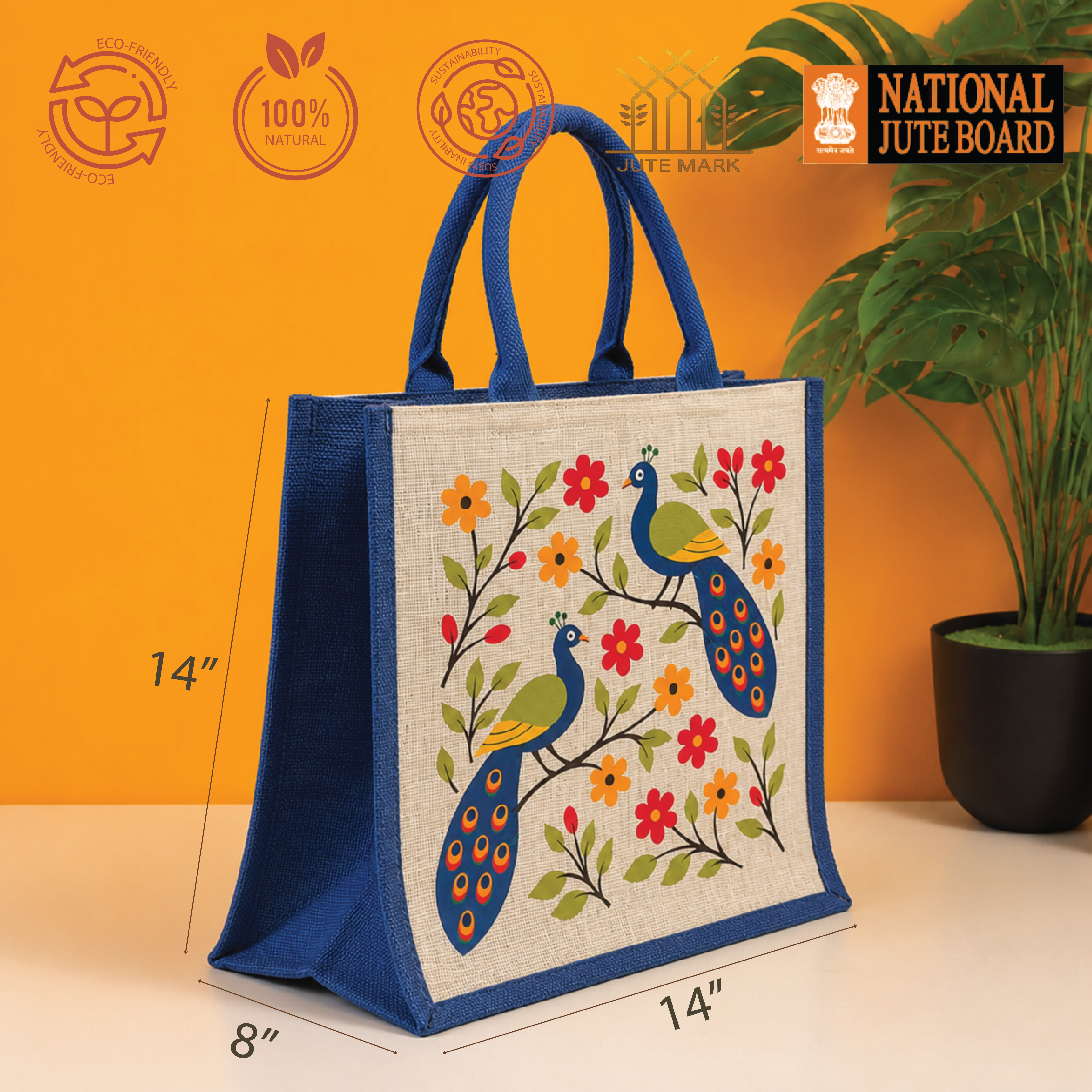 Floral Peacock Jute Shopping Bag