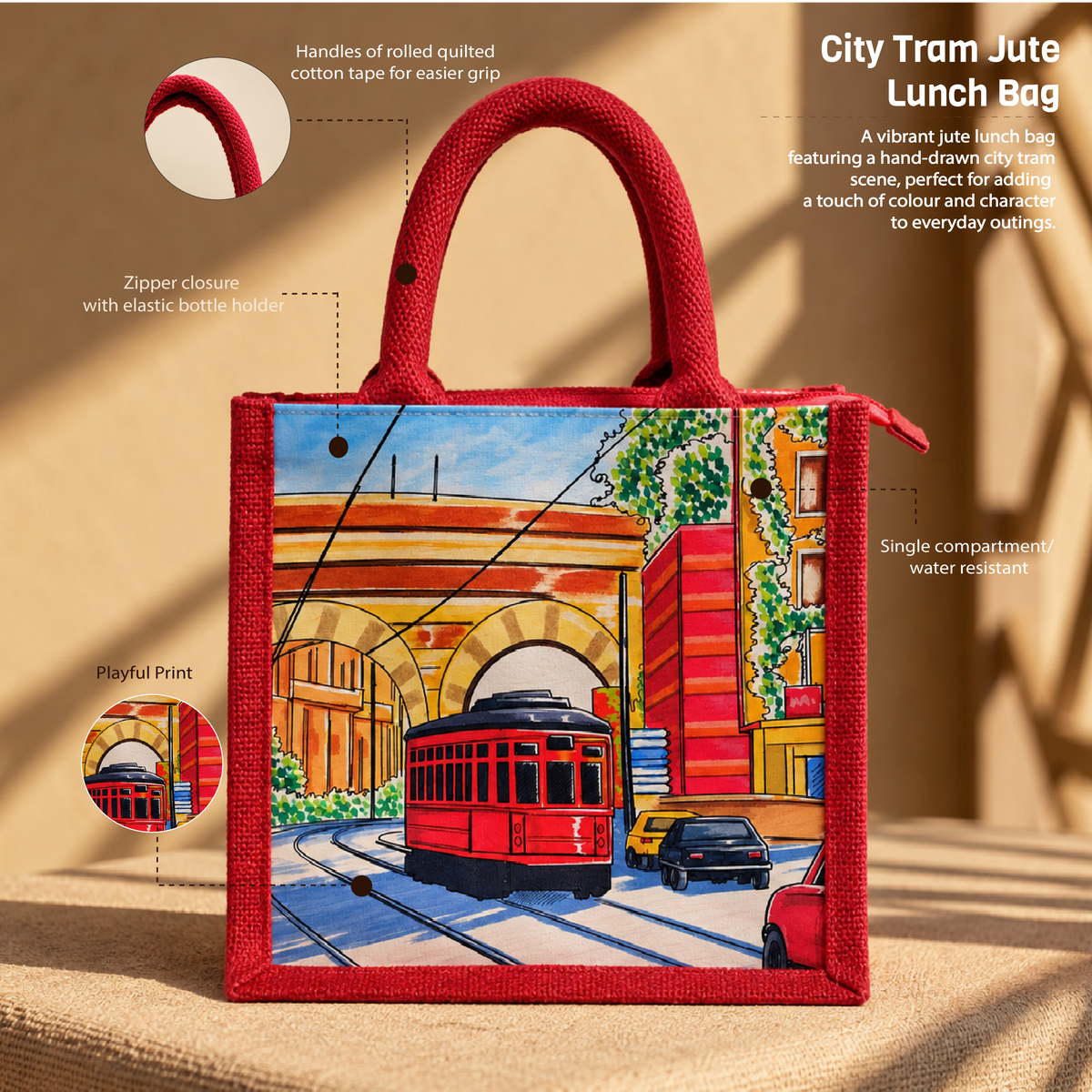City Tram Jute Lunch Bag