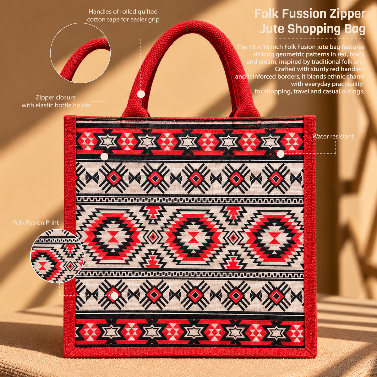 Folk Fusion Zipper Jute Shopping Bag